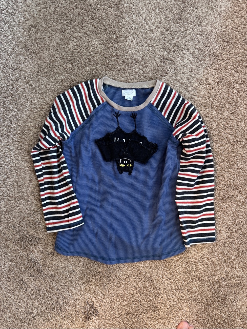 Mud Pie Kids Long-Sleeve Striped Sleeve Blue Shirt with Bat Applique - Halloween